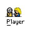 Animated contact sheet of pixel art characters in yellow and blue outfits with white helmets, showing sequential motion frames on a gray background.