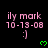 Pixelated pink text and green heart icons on black background with gray rectangle overlay, showing repeated patterns of 'ily mark 10-13-08 :)'