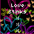 Animated pixel art with shifting text over a black background of colorful heart outlines and small yellow shapes.