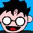 Pixelated cartoon head with black spiky hair, round glasses, and red mouth against blue background with text elements.