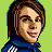 Pixelated static image of a person with brown hair and blue jacket against green background, likely from 1990s digital art or early internet media.
