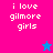 Pixelated text 'i love gilmore girls' on split background with blue and pink star icons.