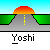 Pixel art animation of a green dinosaur driving a blue go-kart on a road with orange sunsets, transitioning to smoke and empty track.