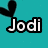Pixelated icon with black silhouette of a figure holding an object above white text 'Jodi' on teal background.