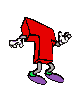 A red-shirted cartoon character with purple shoes and green ankle bands performs a sequence of animated gestures against a gray background.