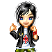 Pixelated character with black hair and blue eyes in multiple poses, wearing a black jacket over white shirt with red cross symbol and green pants.