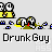 Pixelated cartoon character with yellow shirt and blue pants, shown in multiple poses including standing upright, leaning forward, and falling backward with green splatter effects.