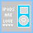 Pixel art icon showing a blue iPod with 'IPODS ARE LOVE' text and heart symbols on gray background, varying in color details across frames.