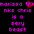 Pixelated text in bright pink and red on black background, repeating 'marissa thomarissa thinks chris is a sexy beast' with a heart symbol replacing part of the name.