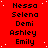 Red background with white dots and four of black text listing names: Nessa, Selena, Demi, Ashley, Emily repeated in sequence