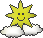Six pixelated sun icons with smiling faces on white clouds against a gray background, varying in color and animation state.