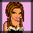 Pixel art of a woman in a black and white outfit with braided hair, showing different body parts and text on pink backgrounds