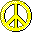 Yellow peace sign icons in various sizes and orientations on gray background, some with pixelated borders.
