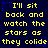 Yellow pixelated text on dark blue background repeats 'I'll sit back and watch the stars as they collide' with blue star accents.