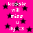 A bright pink background with black stars and white text reading 'kassie will miss u ily <3' repeated in two vertical