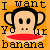 Pixelated cartoon monkey face with red lips on orange background surrounded by black text reading "I want you banana" in blocky font.
