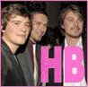Two side-by-side show three people in dark jackets and white shirts, with a large pink 'HB' text overlay on the left