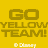 Yellow background with repeated 'GO YELLOW TEAM!' text and '© Disney' below, featuring pixelated Disney Channel and Disney Games logos in blue, white, and red.