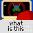 Pixelated cartoon character with blue and green face inside a computer monitor frame, red chair, and changing text below.