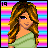A 6-frame animated contact sheet showing a pixelated character's upper body, midsection, and lower body transitioning to text phrases on a rainbow striped background.