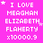 A static image with a bright pink background displays repeated white text reading "I LOVE MEAGHAN ELIZABETH FLAHERTY x10000.9" in a pixelated font, with small white stars scattered throughout.