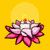 Pixelated lotus flower with pink petals, white center, and small red flame atop; yellow circular background with dotted pattern.