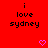 Red background with repeated black text "i love sydney" and pink heart symbols in a pattern