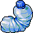 Pixelated blue and green object with rounded shapes, a small blue top section, and white highlights on a gray background.