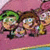 Three cartoon characters stand side-by-side under a pink umbrella with green trim, holding hands against a solid pink background.