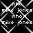 Black-and-white pixelated animation with repeating text 'who' and 'mike jones' overlaid on a shifting diamond pattern
