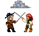 Pixel art animation of two figures dueling with crossed swords against gray rock formations, showing sequential pose changes.