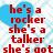 Red pixelated text on a light blue heart-patterned background with gray and white sections, displaying phrases about 'he's a rocker' and 'she's a talker'.