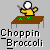 Pixel art animation of a stick figure chopping broccoli at a table with three distinct frames showing motion progression.