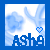 Pixelated blue and white icon with 'Ash' text, heart symbol above the name, and abstract cloud-like shapes in background.