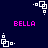 Pixelated white geometric shapes rotate around a central point on a dark blue background, with pink text reading 'BELLA' displayed in four positions.