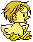 Pixelated character with blonde hair and yellow body in six sequential poses showing head and mouth movements against gray background.