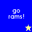 Four display "go rams!" text with a yellow star on blue and a blue star on yellow, all in pixelated style