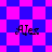Four identical pixelated 'Alex' text overlays on a blue and pink checkered background with diamond-shaped patterns.