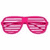 Three pairs of shutter shades in pink, blue, and purple with horizontal striped lenses on a white background.