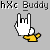 Pixelated icon shows a white hand making rock gesture above yellow object with black outline on gray background, text 'hXc Buddy' at top.