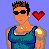 Pixelated animated contact sheet showing a muscular man in various poses with red hearts and text about long-distance runners, on a blue background.