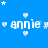 Blue background with repeated white text 'annie' surrounded by small hearts and stars, some elements slightly offset in a patterned layout.