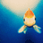 Pixelated cartoon fish with orange-yellow top, white body, and blue fins swims against gradient blue background transitioning to light beige at top.