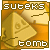 Pixelated golden pyramid with 'suteks' text above and 'bomb' below, set against orange background with cracked texture.