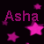 Pixelated pink text 'Asha' appears in four distinct styles against a black background with scattered pink stars, including one bright magenta square section.