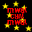 Red text "mwa! cya! mwa!" on black background with yellow stars, animated star glow effect.