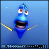 Blue cartoon fish with large red eyes and yellow fins against a blue background, mouth open in a wide grin, pixelated text at bottom.