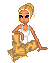 Pixel art of a seated figure with blonde hair in a bun, wearing white tank top and brown pants, showing two eye states.