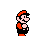 Pixel art contact sheet of three Mario frames showing standing, running, and walking poses with red/black/white color scheme on gray background