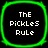 Four identical square icons arranged in a , each with black background and bright green border displaying text "THE PICKLES RULE"